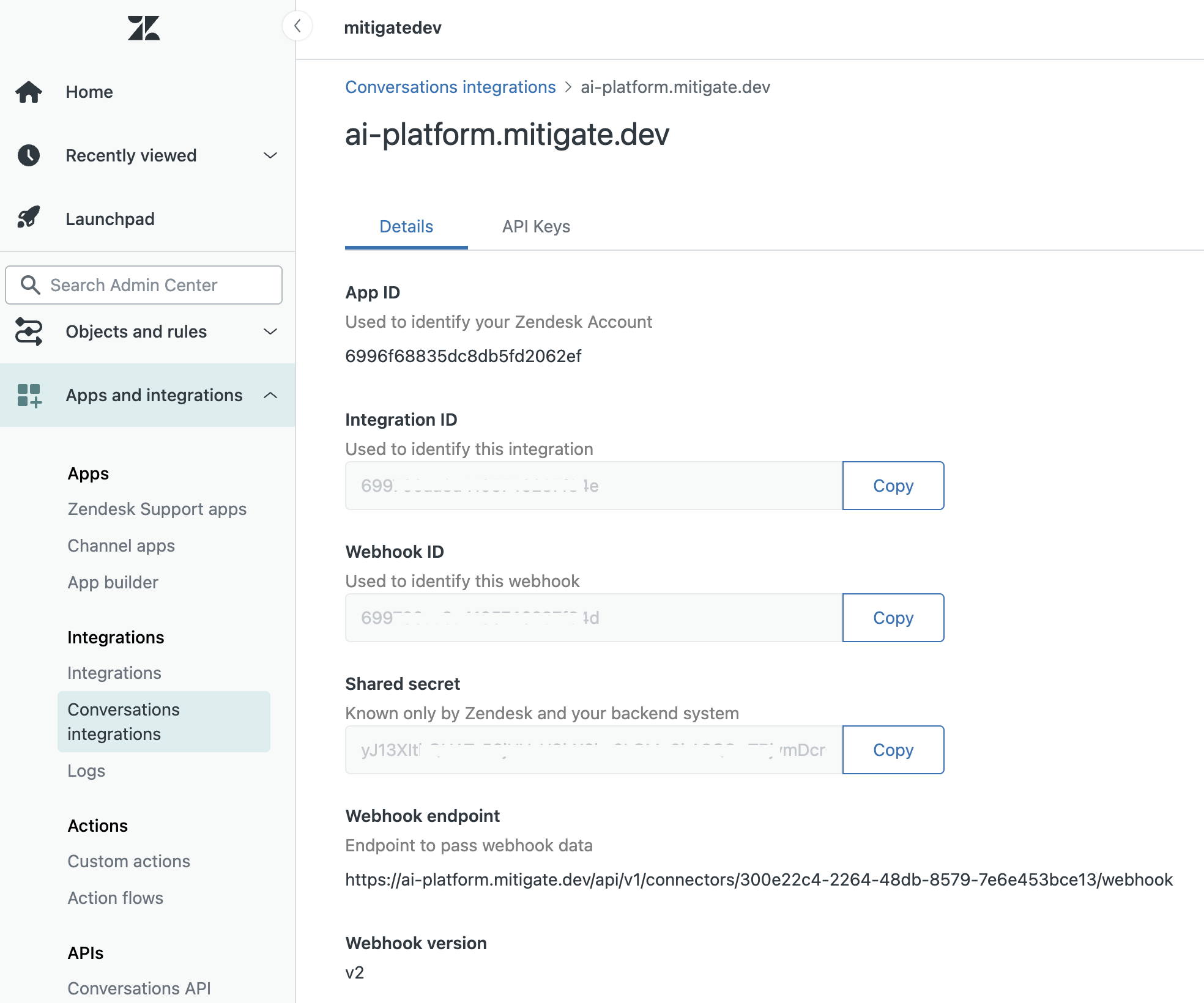 Zendesk Conversations integration details