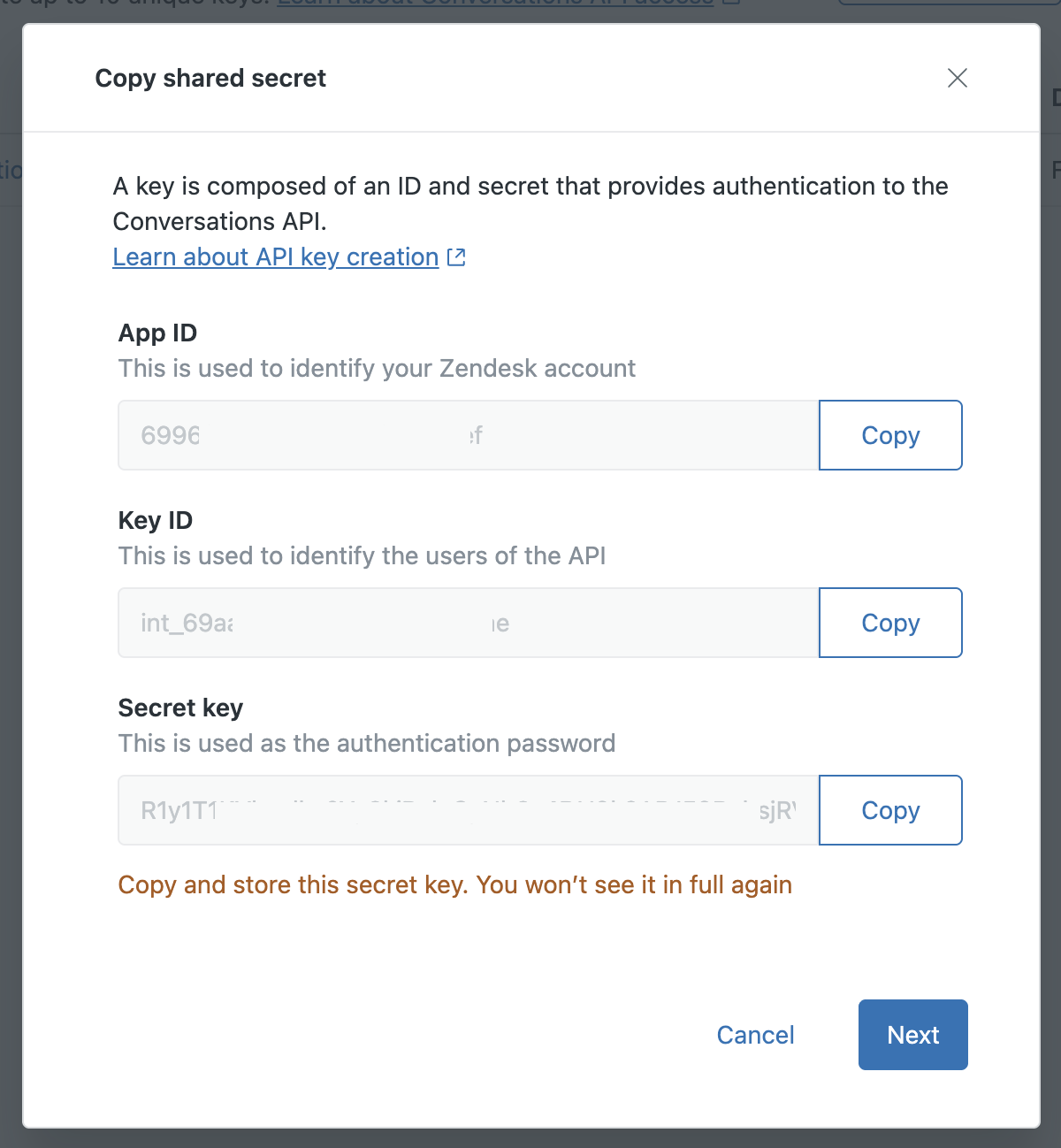 Zendesk Conversations integration New API keys
