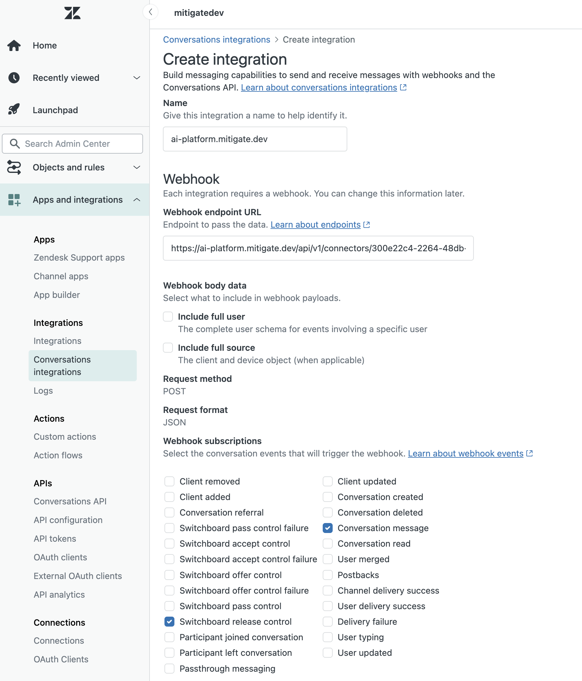 Zendesk New Conversations integration